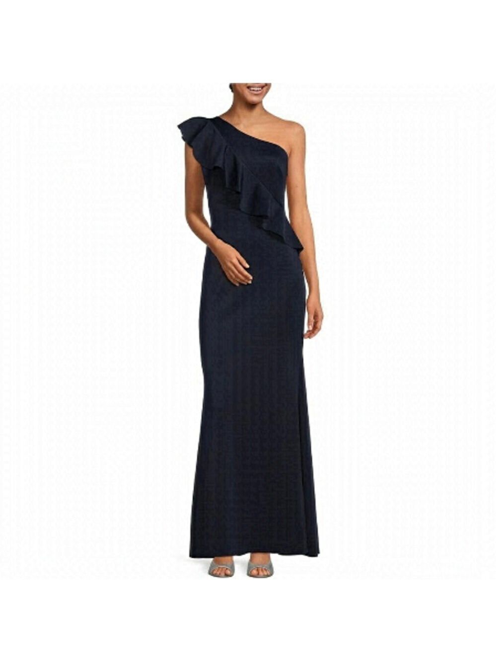 NWT Jessica Howard Sleeveless One Shoulder Ruffle Scuba Sheath Gown